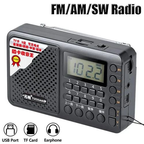 Radio portátil de banda completa, receptor FM/AM/SW, Radio recargable, reproductor de música TF/USB con pantalla LCD, conector para auriculares de 3,5mm