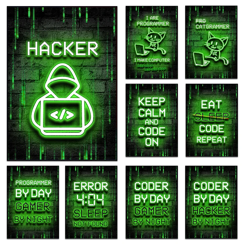 Neon Art Programmer Gamer Day Night Wall Art Poster Hacker Computer Hacking Metal Wall Sign for Home Decoration Picture