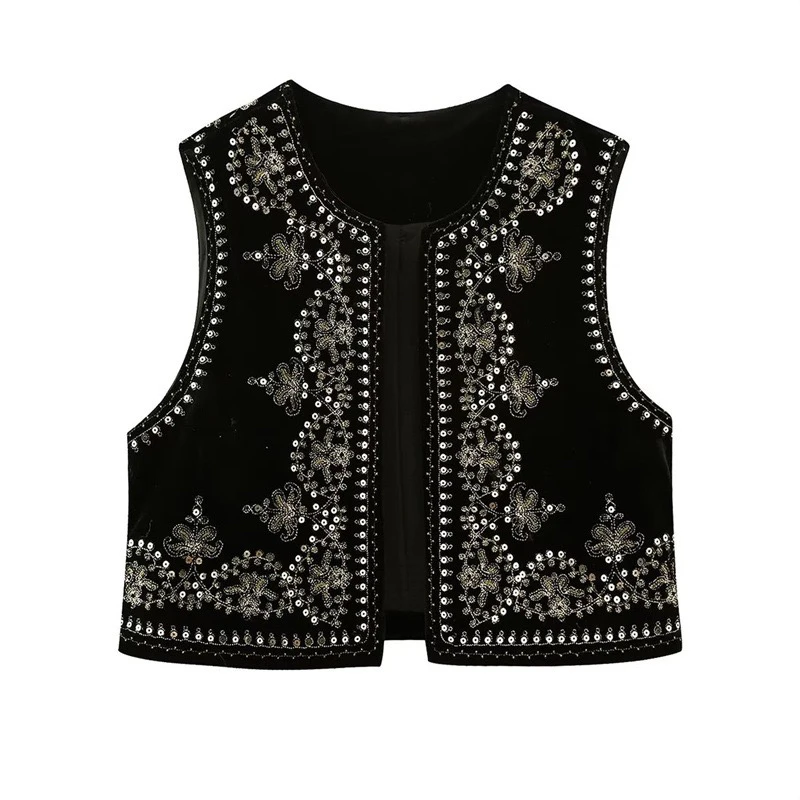 

iny Sequin ort Velvet Vest Cardigan Travel Outerwear Women's Faion Ethnic Sle round Ne Single Button Closure Jaet