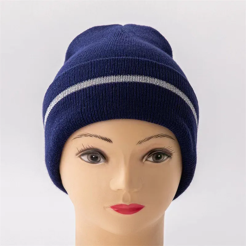 Outdoor Winter Reflective Stripe Knit Hat Unisex Night Warm Safety Sports Cycling Running Work Ski Bonnet Cap Hip Hop Beanie Cap