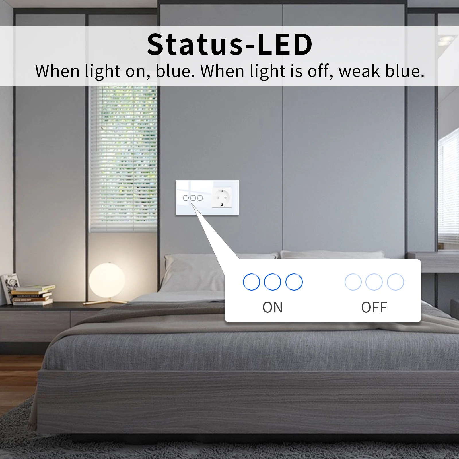 Bingoelec Touch Switch and Wall Socket EU Standard, White Crystal Glass Panel Electrical Switches AC 220v 1/2/3 Gang 1Way