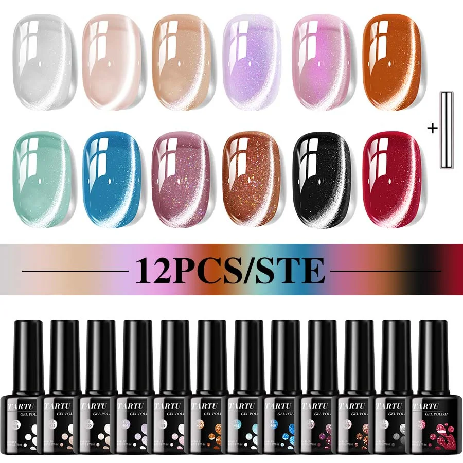 

TARTU 12pcs 8ml Cat Eye Nude Pink Red Blue Green Brown Black Nail Gel Set, 12 Colors Semi-permanent Gel Polish Kit,top coat