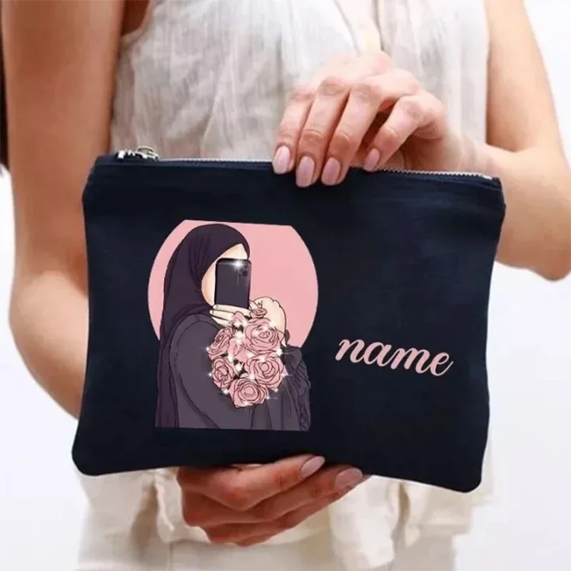 Name Customized Makeup Bag Fashionable Women\'s Color Printing Muslim Girl Gift Personalized Zipper Wash Bag Essential for Travel