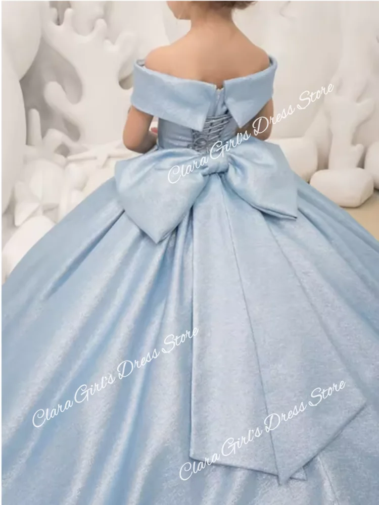 

Elegant Light Blue Flower Girl Dress with Bow Princess Satin Ball Gown Children's Birthday Party and First Communion Dress