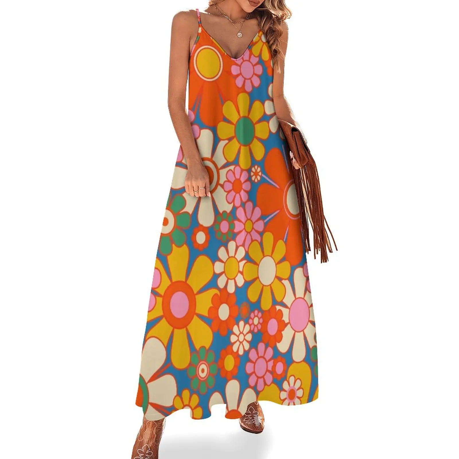 

Retro Garden Flowers Colorful 60s 70s Floral Pattern 2 Blue Orange Red Mustard Yellow Green Sleeveless Dress