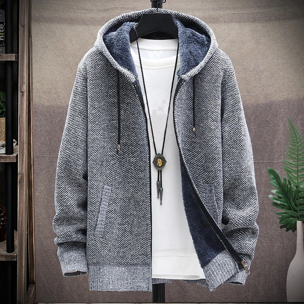 Uomo autunno inverno caldo maglione lavorato a maglia cardigan con cappuccio cappotto giacca felpa spessa foderata in pile manica lunga