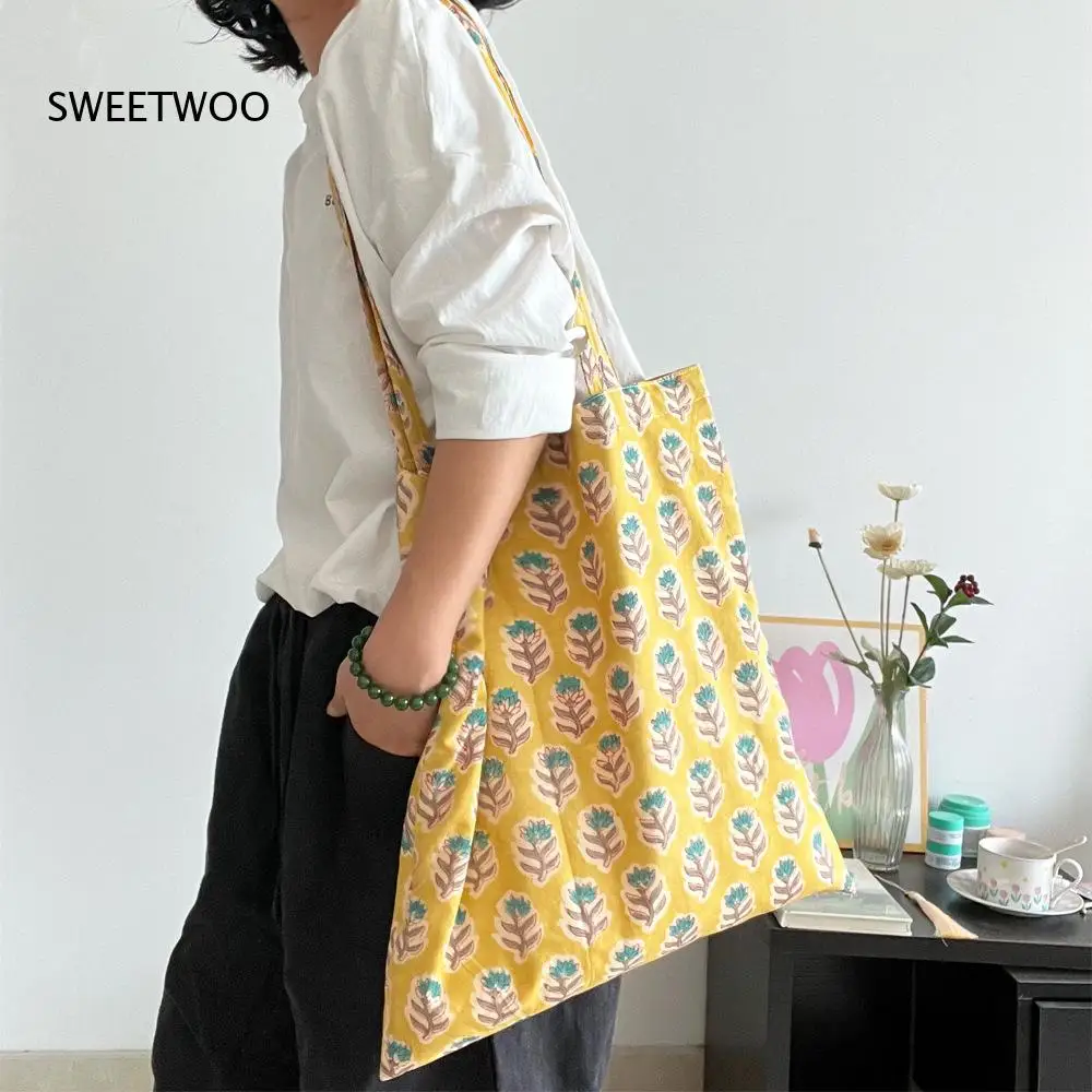 Pastoral Plant Print Soft Woven Bag Vintage India Block Print Design Large Capacity Commute Travel Portable Storage Hand Purse