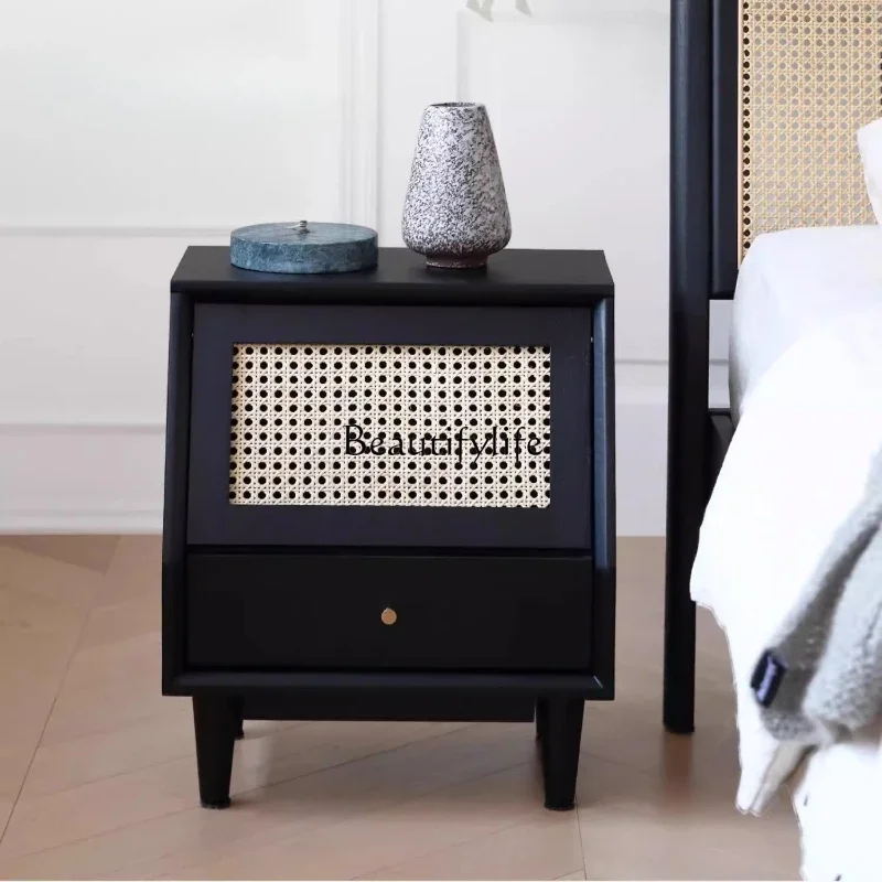 

13-*Solid wood bedside table rattan bedroom red oak Nordic simple Japanese storage side cabinet