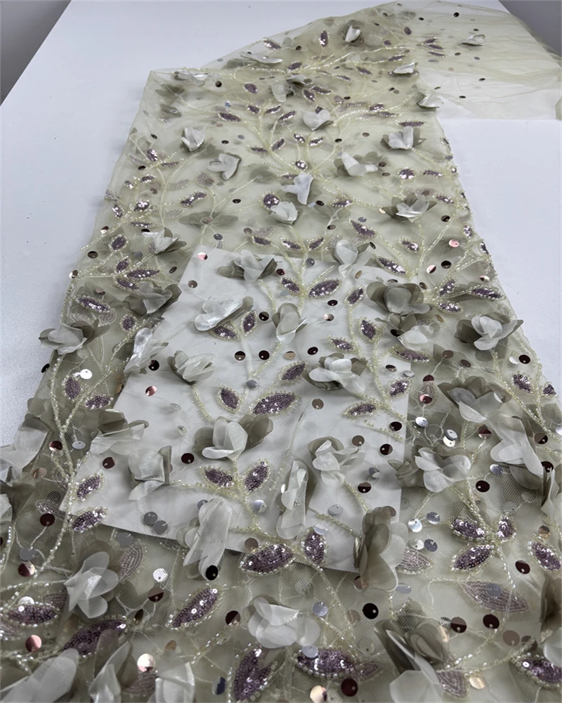 

3D Flower French Lace Fabric Beaded Net African Lace with Sequins High Quality for Wedding
