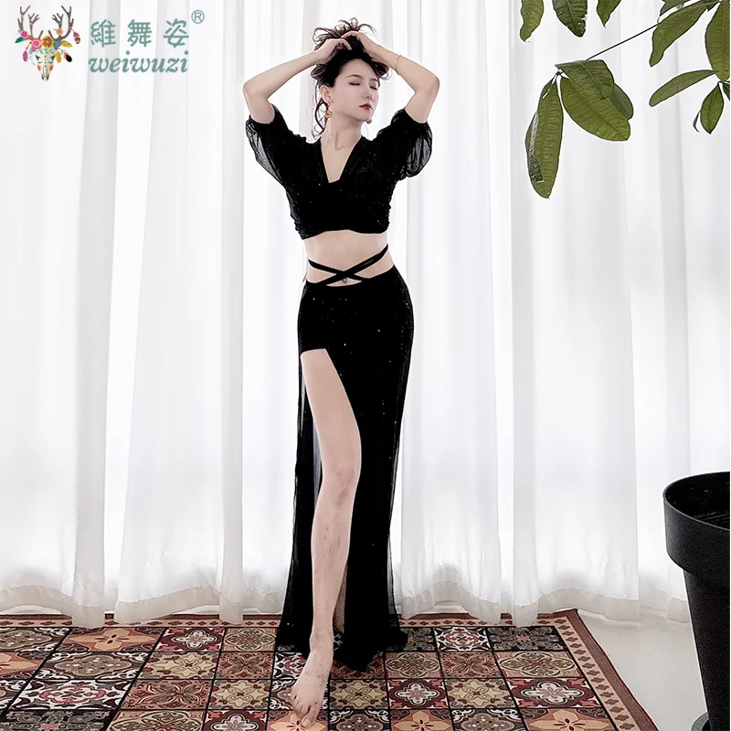 Roupas de prática de dança do ventre para mulheres terno de dança do ventre malha manga curta topo + saia longa sexy feminino roupa de dança oriental