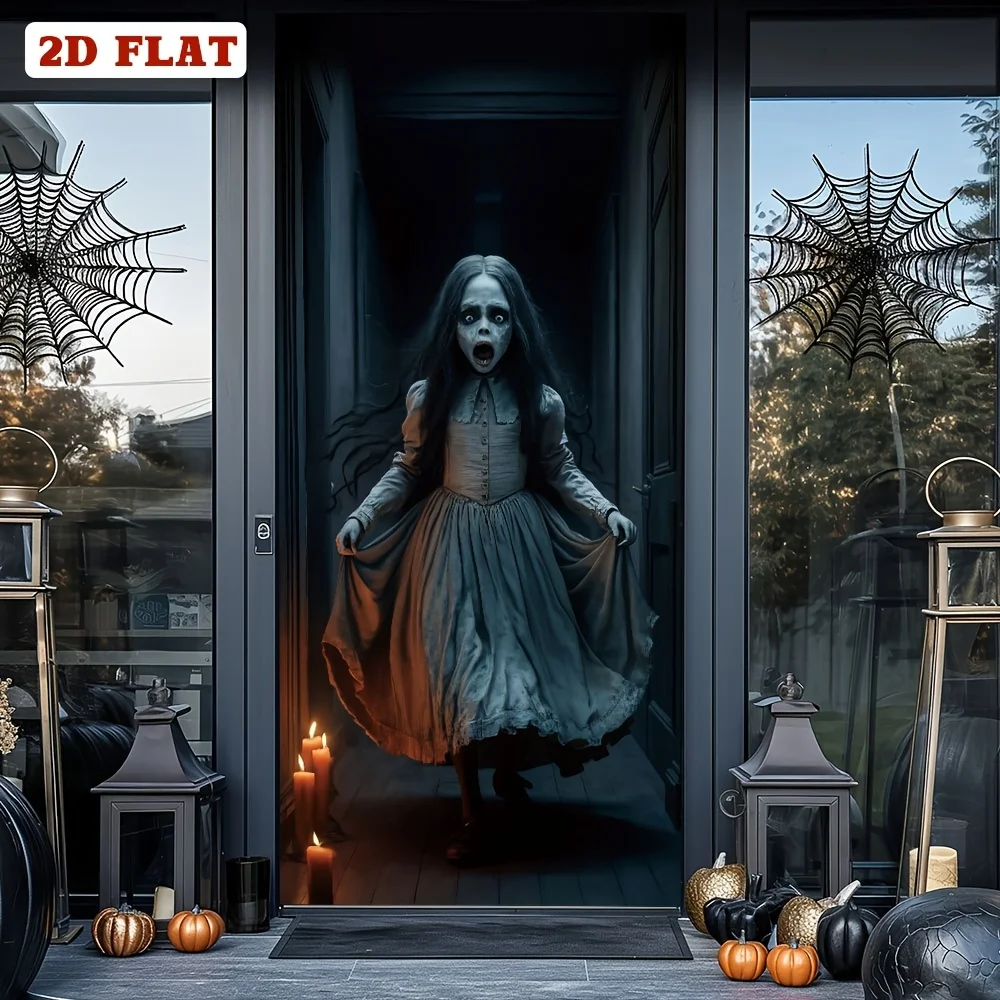 Ein flaches 2D-Türbanner aus Halloween-Polyester, entworfen von einem erschreckenden Zombie-Mädchen, geeignet für die Halloween-Dekoration