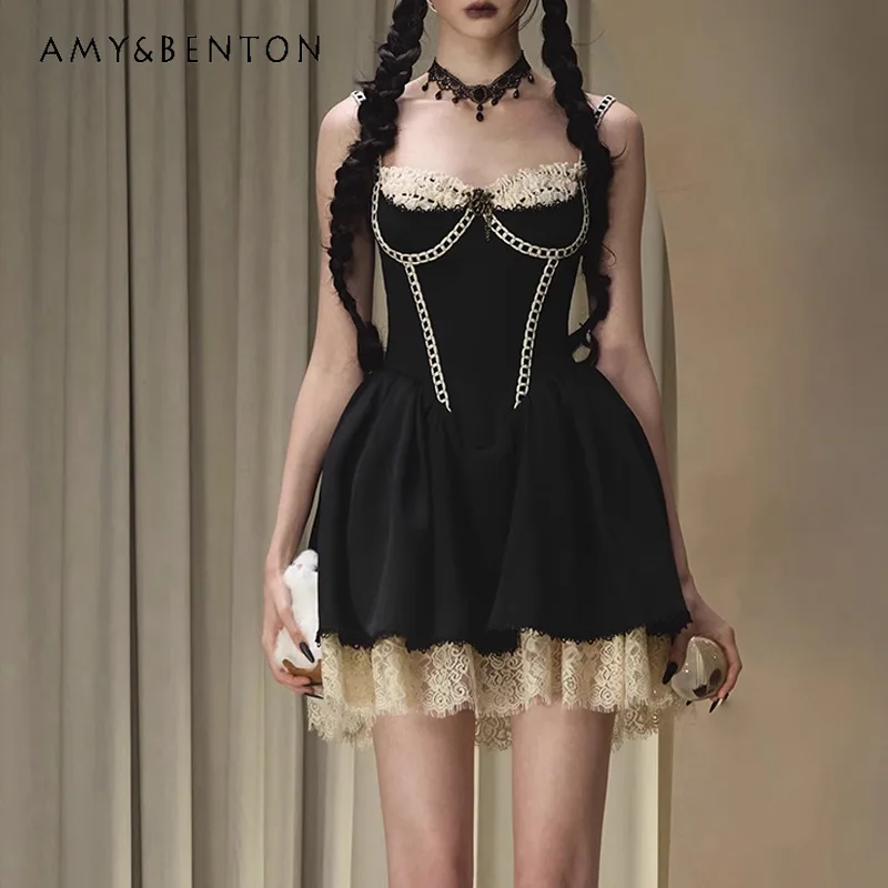 

French Design Black Fishbone Women's Clothing 2025 Autumn New Sweet Cool Sexy Lolita Birthday Evening Dress Puff Dresses Ladies