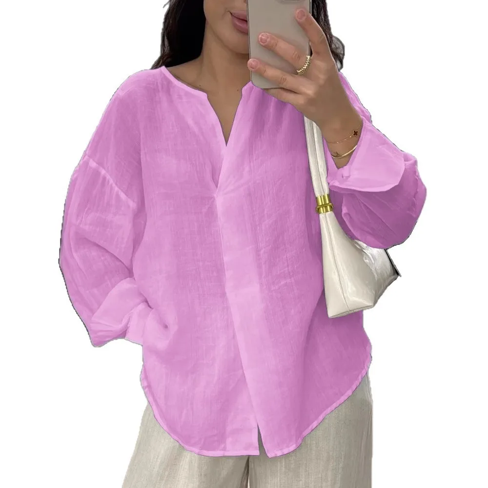 Damska koszula z dekoltem w serek, z długim rękawem, na wiosnę i lato, nowa, w jednolitym kolorze, luźna i prosta, idealna na wakacje na plaży, model 2026.