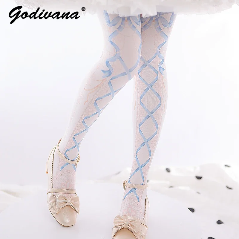 Kawaii Girls Lolita Long Socks Women's Spring/Summer Velvet Printed Pantyhose Lolita Japanese Sweet Girl Stockings Leggings