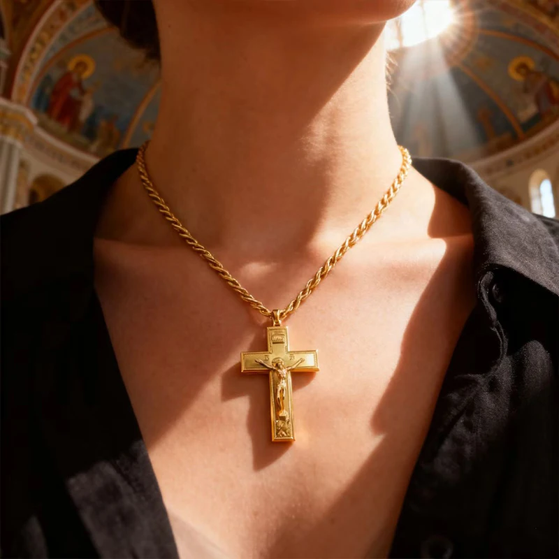 New 2026 Orthodox Jesus Cross Jesus Crucifix Gold Plated Pectoral Cross Pendant Necklace for Priest Bishop Religion Premium Box