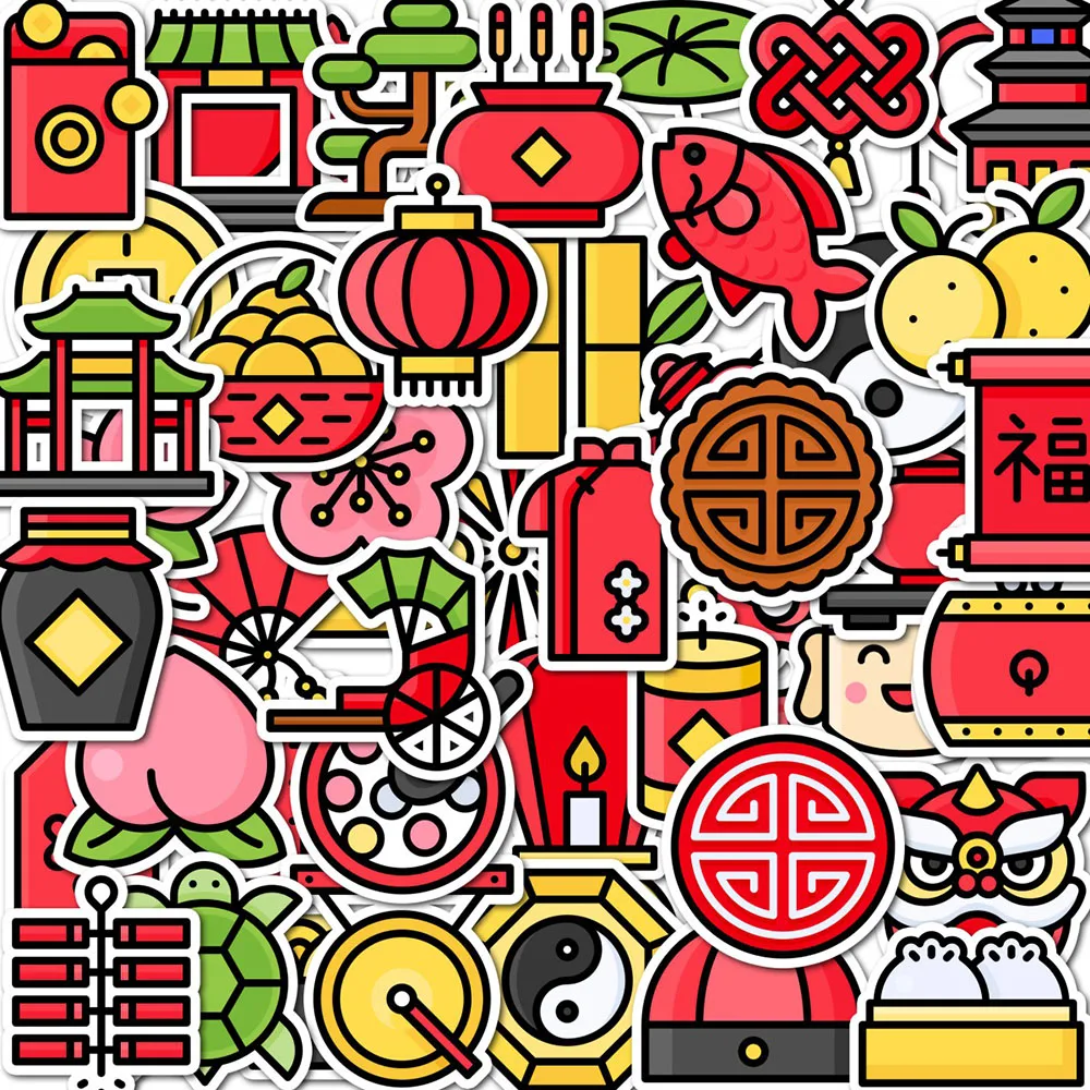 50PCS Original Chinese Element Stickers Festive Decoration Ingot Copper Coins Handbook Stationery Suitcase Stickers