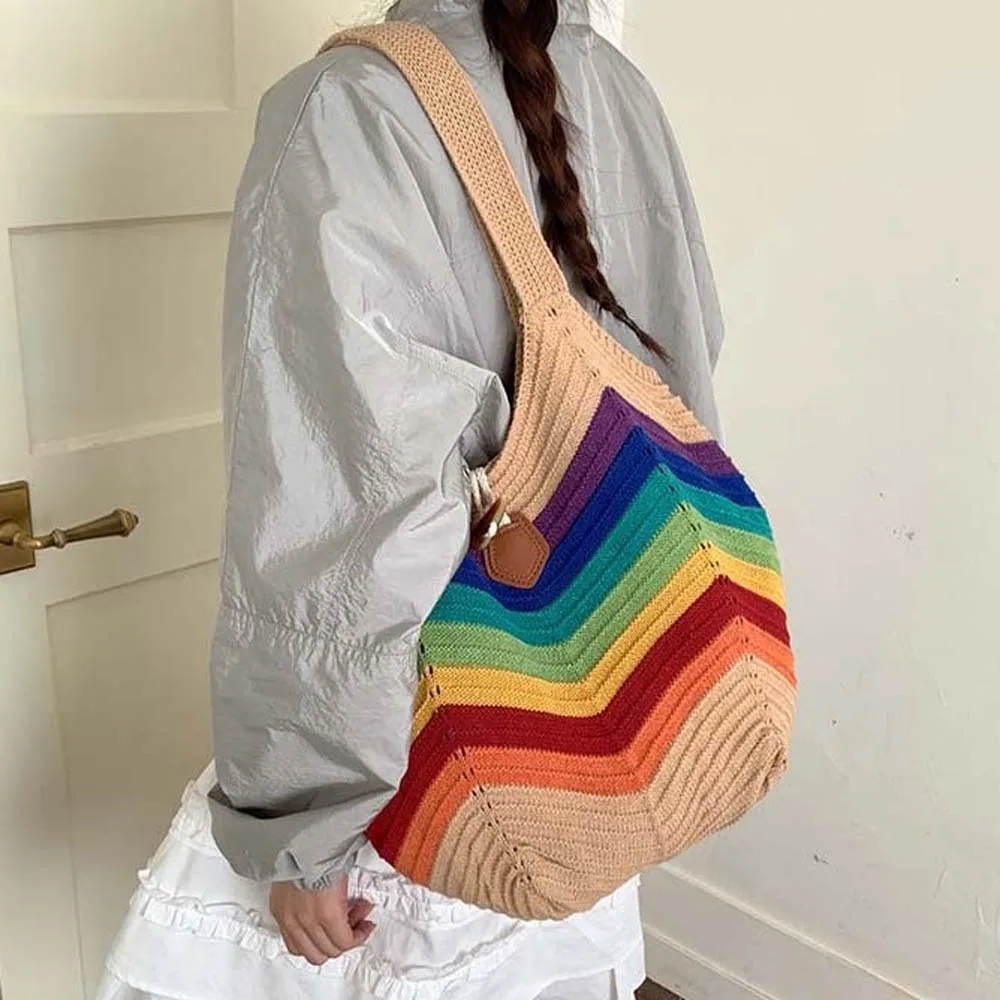 

Sweet Knitted Tote Bag Breathable Large Capacity Crochet Shoulder Bag Polyester Lightweight Seaside Vacation Handbag Spring