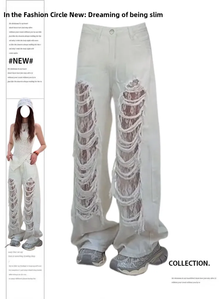 Jeans de Pierna Ancha con Encaje Calado para Mujer, Talla ande, Estilo Casual, Cierre de Cremallera, Plones Largos Ho...