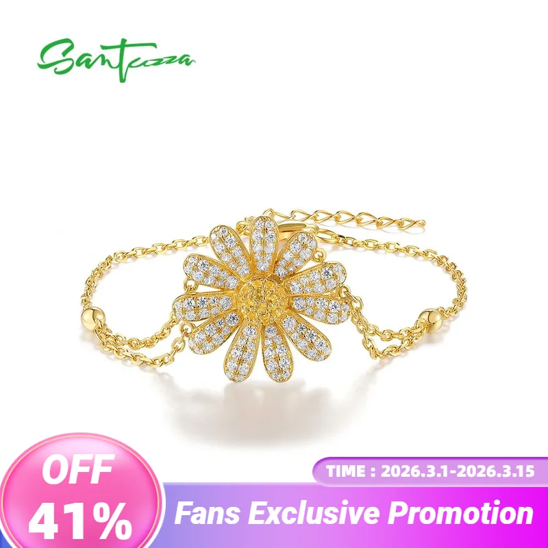 

SANTUZZA Аутентичный браслет из стерлингового серебра 925 пробы для женщин, сверкающий белый CZ, нежный цветок, регулируемый шикарный комплект ювелирных украшений