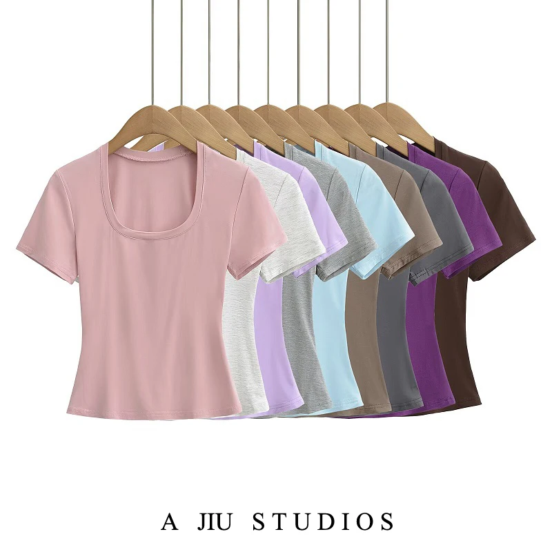 Cseta Sexy de Manga Curta com Decote U para Mulheres, Ajuste Slim, Estilo Casual de Verão, Cseta de Cor Sólida