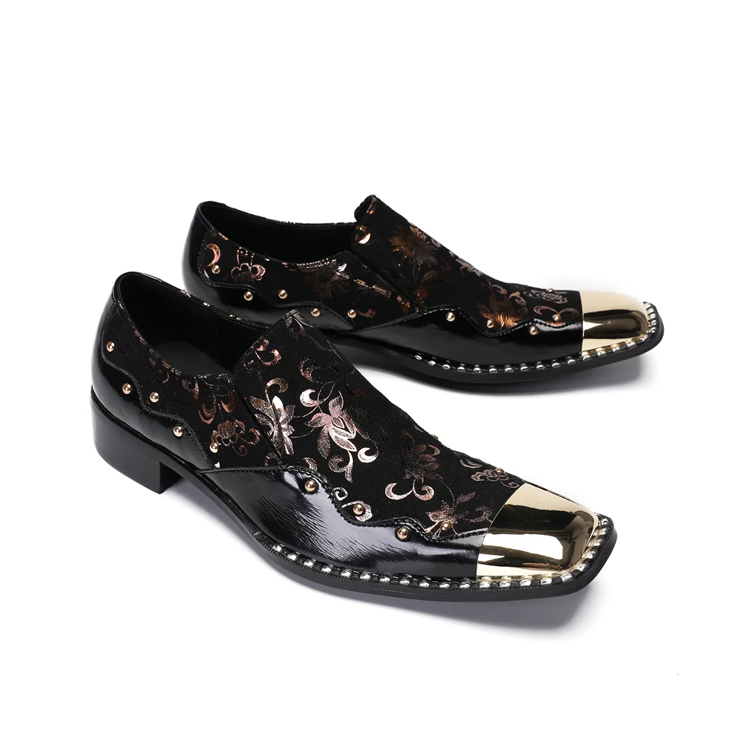 Men Black Patent Leather Loafers Metal Toe Cap Rose Gold Floral Print Studded Slip On Dress Shoes Formal Wedding Party Prom Club