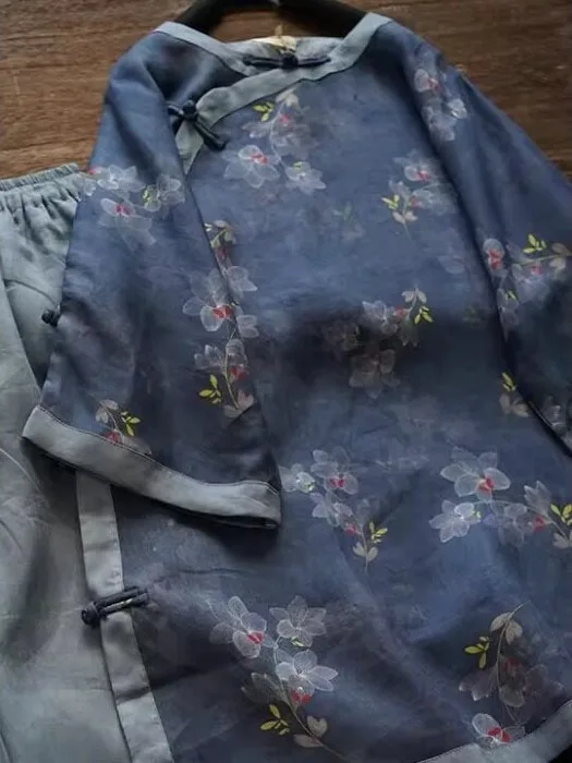 

Ретро-рубашка с круглым вырезом и принтом, женская, на пуговицах, дышащая, свободного кроя, летняя, новый стиль, в китайском этническом стиле