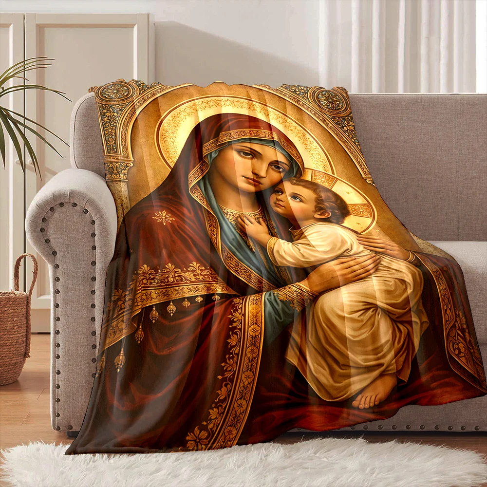 1PC Religious mother-child icon Faith-printed Flannel Blanket Soft and Warm Suitable for Home Travel Picnics Camping RV Use