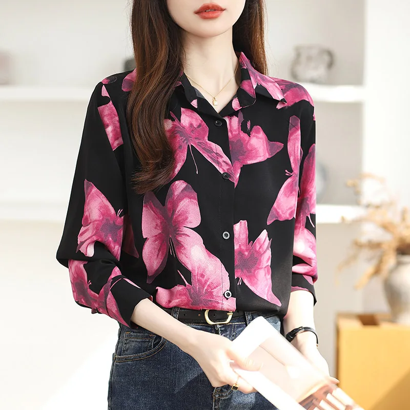 Spring Autumn European Style Butterfly Printing Long Sleeve Shirt Women Clothing Chic Loose Chiffon Blouses Casual All-match Top