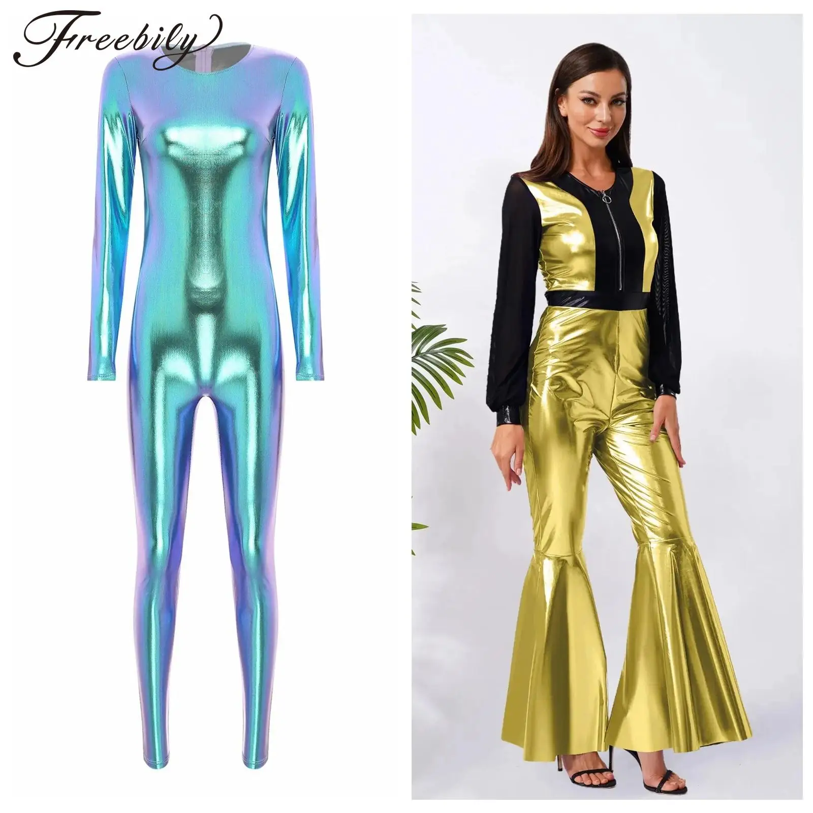

Lady 60s 70s Festival Disco Costumes Shiny Jumpsuits Fashion Clubwear Women's Jumpsuit Metallic Slim Fit Full Body Bodysuit