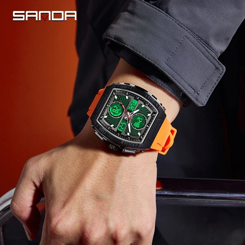 SANDA موضة جديدة الاتجاه ساعات رجالية مقاوم للماء ساعة تنبيه الرجال سيليكون ساعة إلكترونية رقمية متعددة الوظائف ساعة رجالية