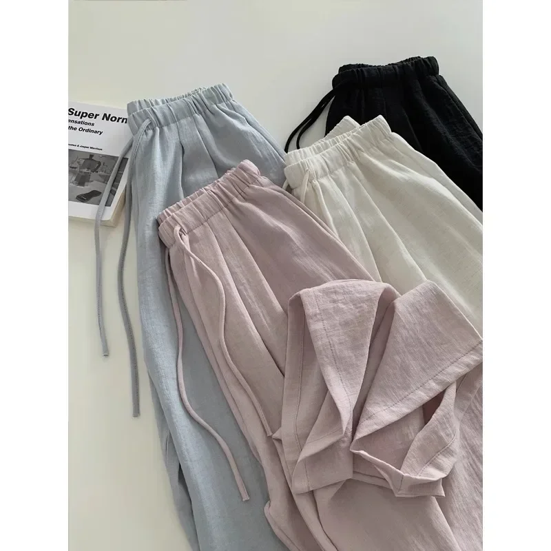 

Pop Slimming Effect Korean Style Cotton Linen Casual Pants Women Summer Lazy Versatile Elastic Waist Thin Hanging Straight Leg L