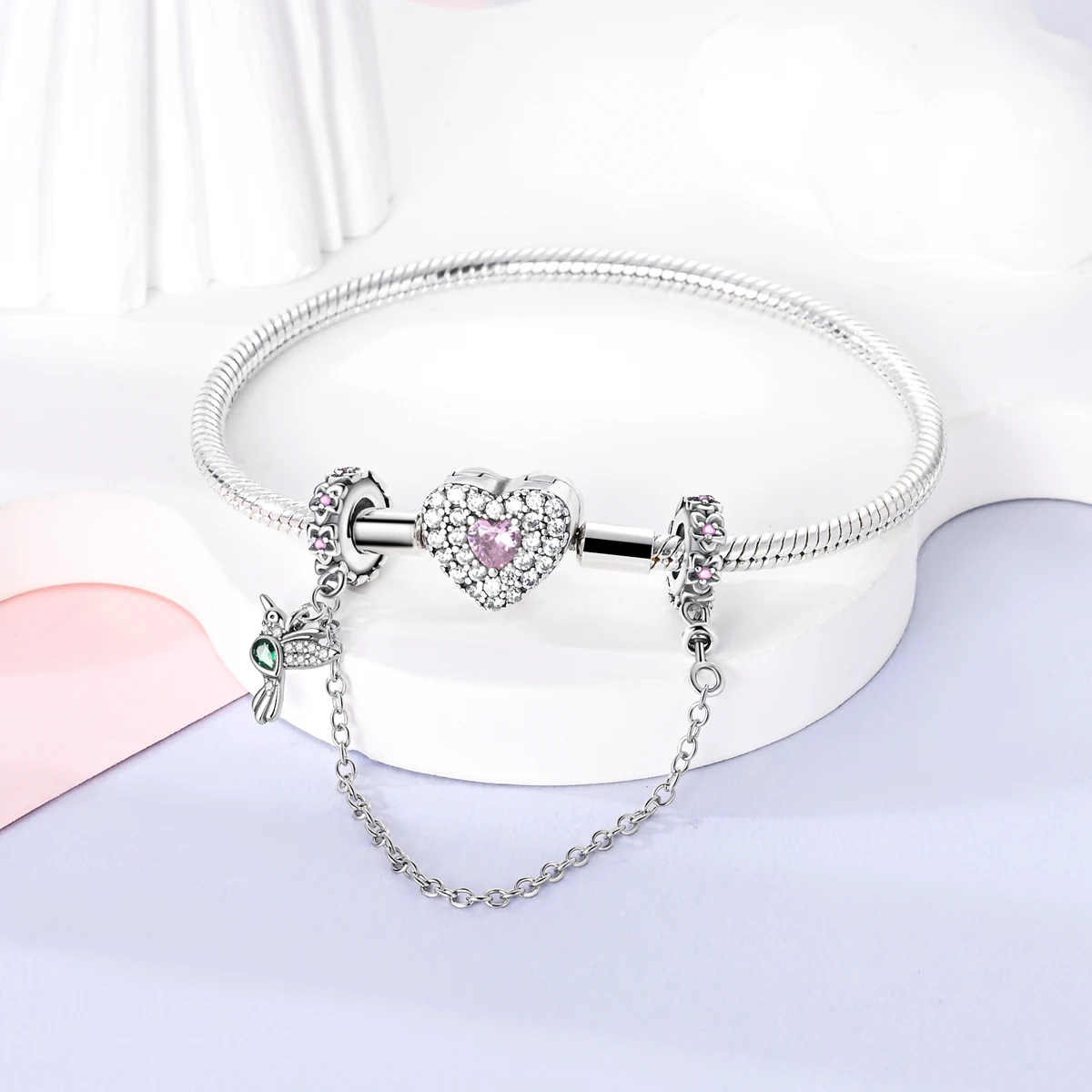 925 Sterling Silver Hummingbird Flower Safety Chain Charm Pink CZ Stopper Fit Bracelets Nature Bird Women DIY Jewelry Gift view 3