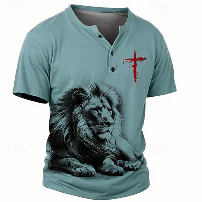 Vintage Men's Henry T-Shirt Short-Sleeve Casual Button-Down Shirt With Artistic Print Of A Majestic Lion And Red Cross
