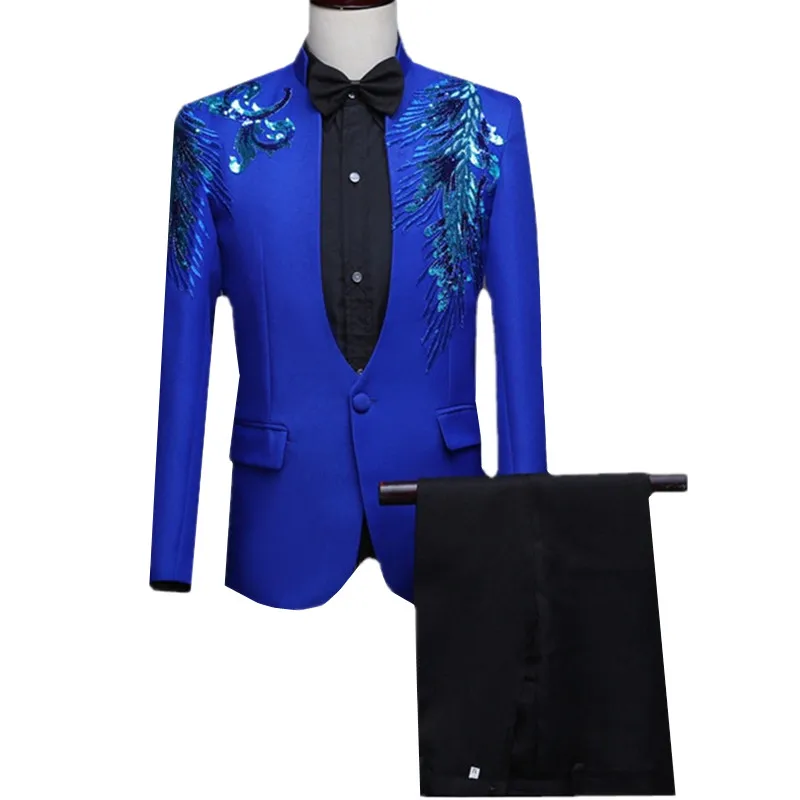 

Fashion Men Business Sequin Suit 2 Piece Blue / Red Classic Wedding Dance Party Performance Dress Men's Blazer and Pants