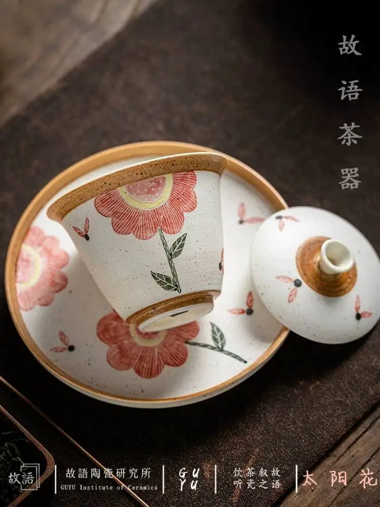 Fenyin Pure Handmade Carved Hand-Painted Covered Household Cup Women's Kung Fu Set Small Fresh Tea Bowl