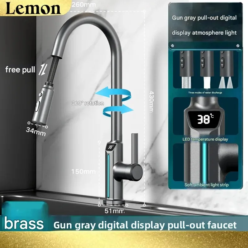 

Gun Gray LED Waterfall Faucet with Digital Temperature Display Pullable Kitchen/Bathroom Sink Mixer Hot/Cold Water Basin Faucet