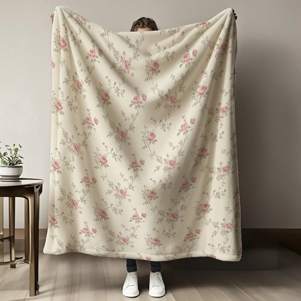 A Luxurious Vintage Rose Floral Art Print Flannel Blanket in Modern Style, Hypoallergenic, All-season Multi-purpose Bedding - Ma