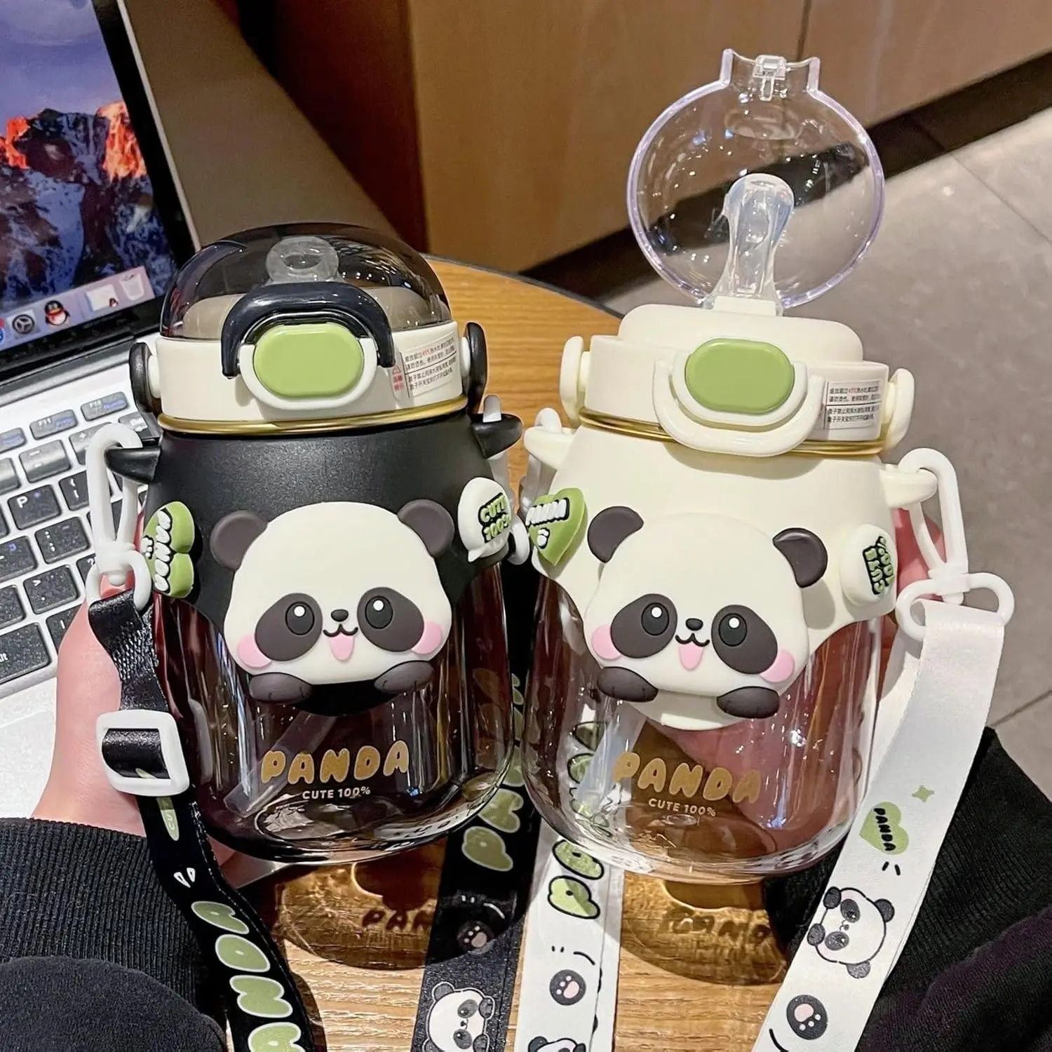 Insulated Stainless Steel Straw Water Bottle Panda Adjustable Strap Portable Handle Drinking Bottle for Gym Hiking School Office