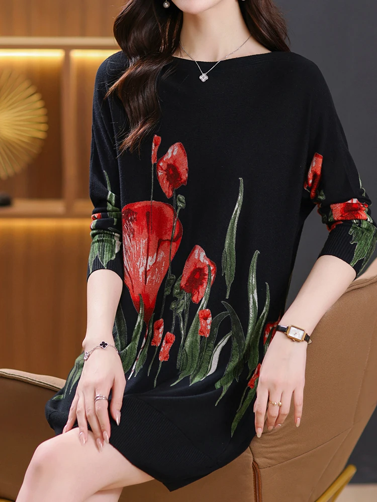

Print Sweaters Dresses Autumn Spring Womens Clothing Long Sleeve Top Femme Pullover Slim Soft Sweater Women