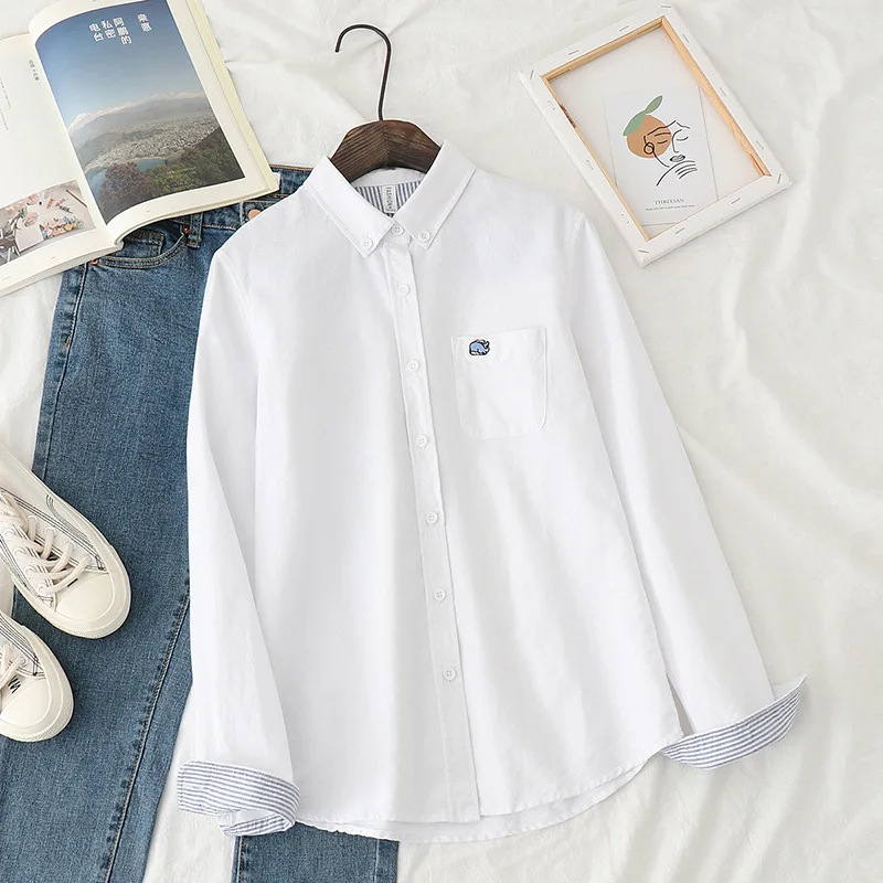 

[Ready Stock] High Quality Women 100% Cotton Blouse Shirt Embroidered Oxford Spinning White Shirt Schoolgirl Autumn Versatile