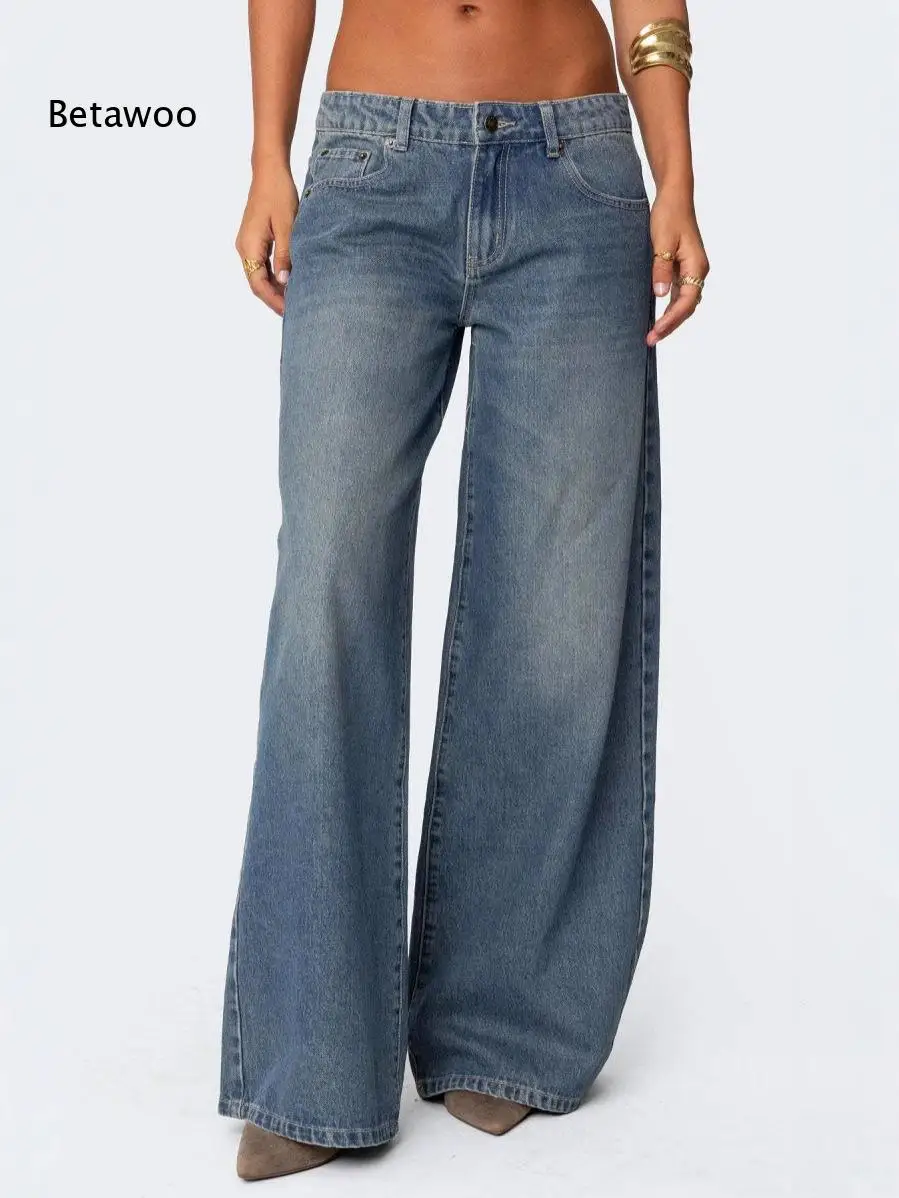 Women Relaxed Fit Wide Leg Denim Pants Mid Rise Light Blue Washed Classic Pockets Straight Full Length Daily Jeans