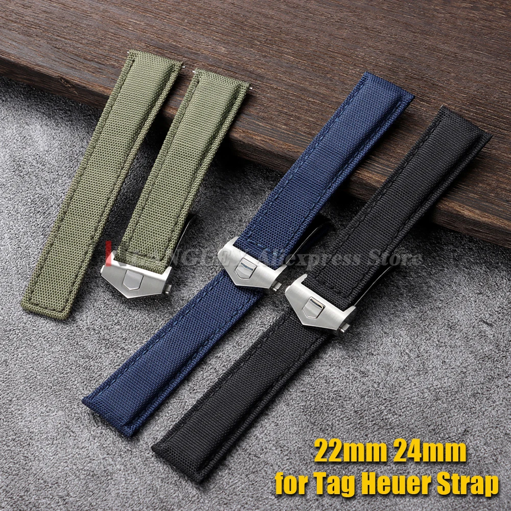 Nylon Fabric Watch Strap 22mm 24mm for Tag Heuer Carrera Monaco Leather Watchband Replacement Band Folding Buckle Men Women Belt