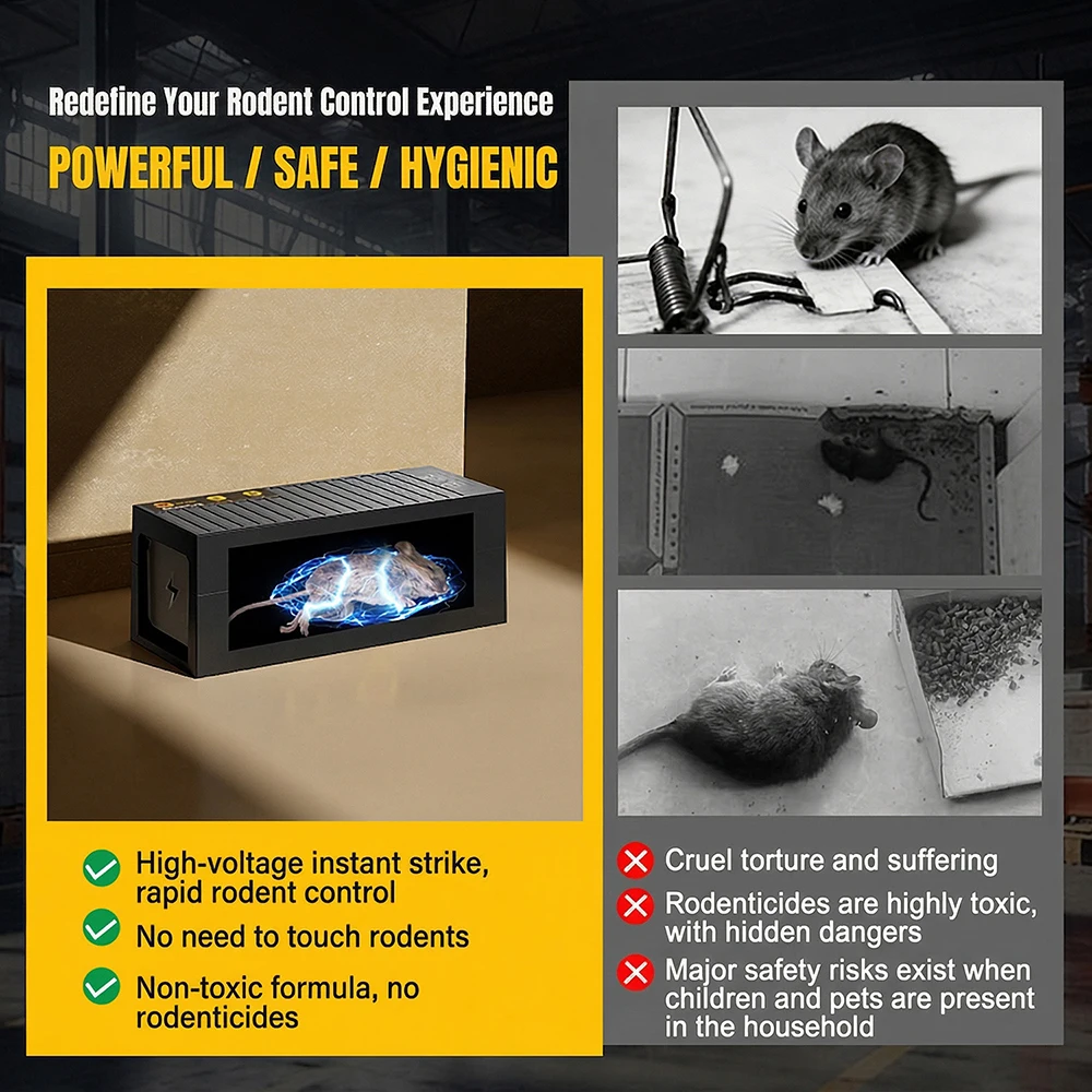 1800V High-Voltage Electronic Mouse Trap, Smart Removable Battery, Touchless Automatic Mouse Extermination Box