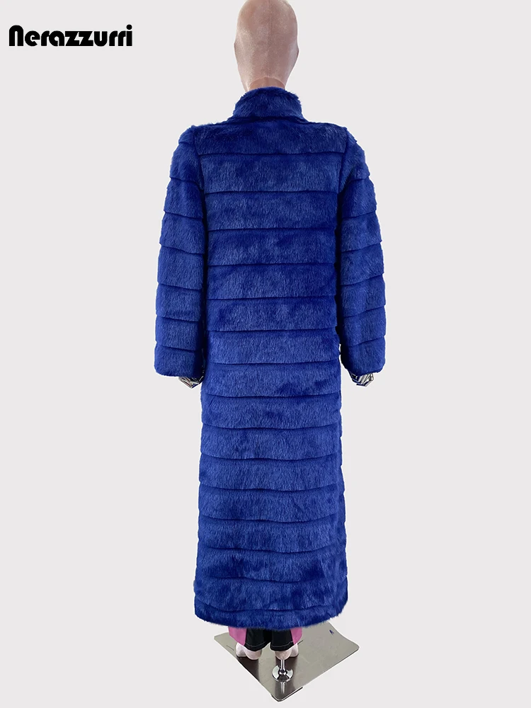 Nerazzurri Autumn Winter Extra Long Thick Warm Soft Fluffy Blue Striped Faux Mink Fur Coat Women Stand Collar Furry Overcoat