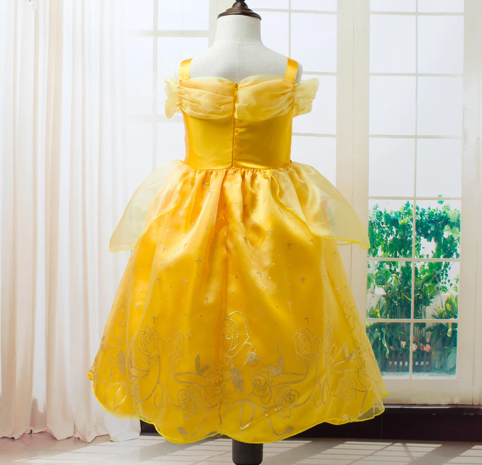 Vestido de princesa bella de Disney para niños, traje Floral de malla con hombros descubiertos, luz LED, para Halloween, cumpleaños de La Bella y La Bestia