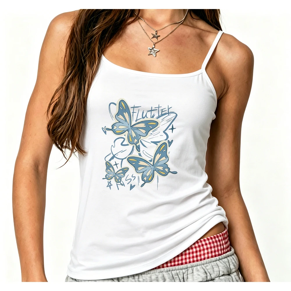 Soft Grunge Butterfly Lover Camisole Women Summer Sketchy Art Print Tank Top Blue Tone Sleeveless Vest Alternative Fashion