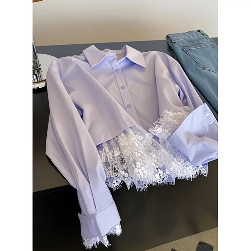 

Свободный женский фиолетовый кружевной топ в стиле пэчворк Ne irt, весна 2024, дизайн Sense, маленький ence Long Sve Pure Color