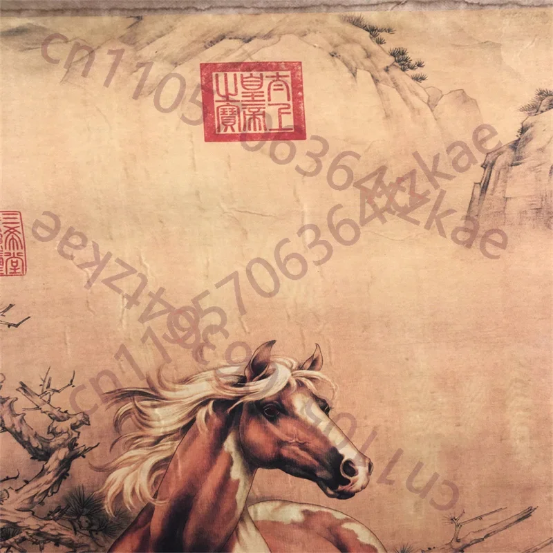 Chinese Old Scroll The works Painter Lang Shining's Steed Picture , Rice Paper Painting Slice,Decorative Picture Artwork Collect