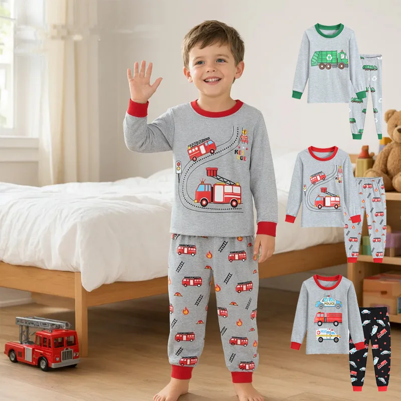 Little Hand Boys Long Sleeve Pajama Set Rescue Car Fire Truck Print Kids Loungewear Sleep Suit For Toddler Boys 2-7 Years Old