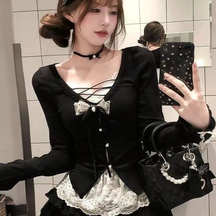 Mulher camiseta vintage manga alargamento t 2025 outono moda coreana y2k colheita topos arco todos os jogos sólido elegante renda camiseta